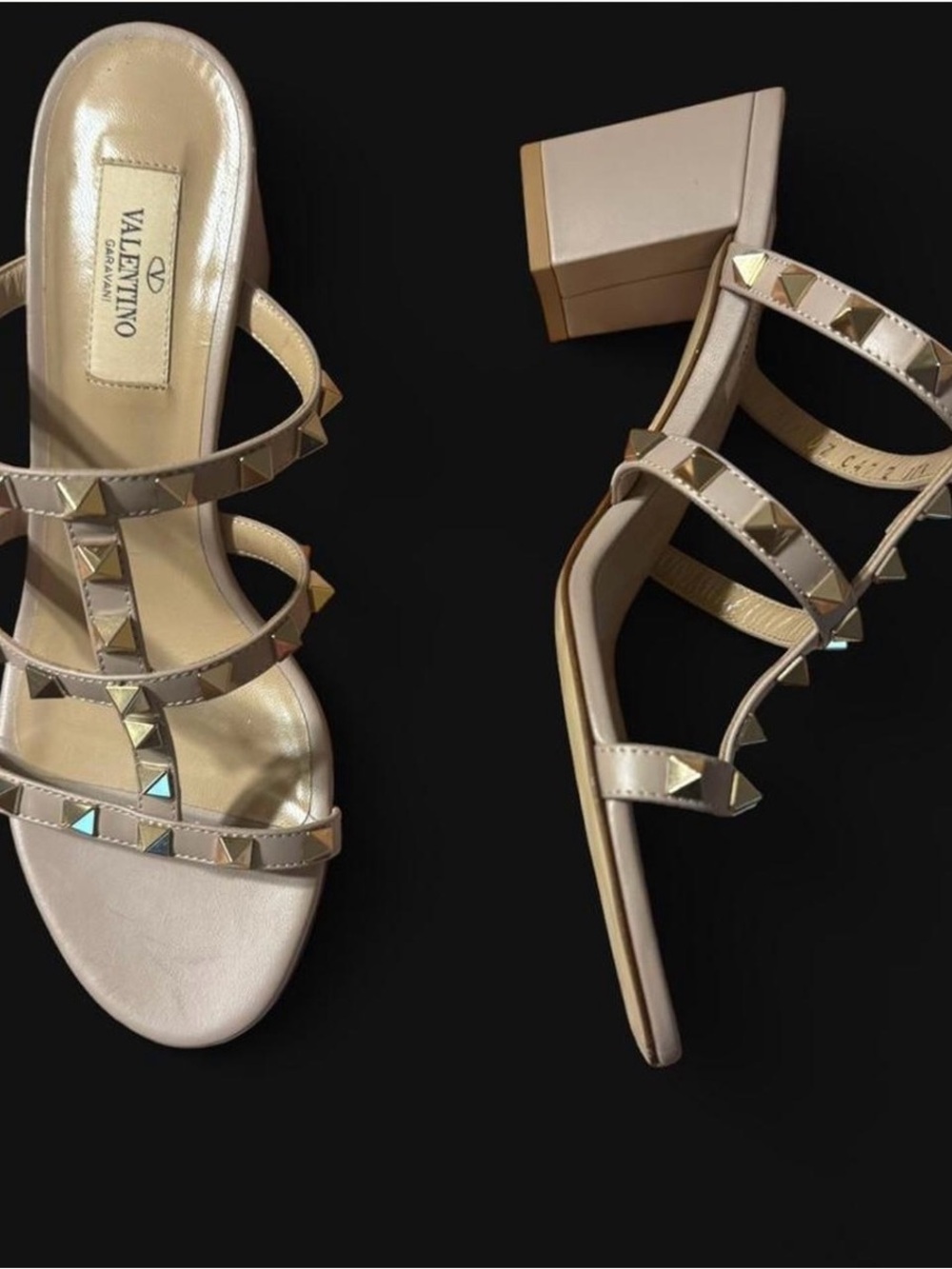 Valentino Garavani Beige Leather Studded Block Heel Sandals